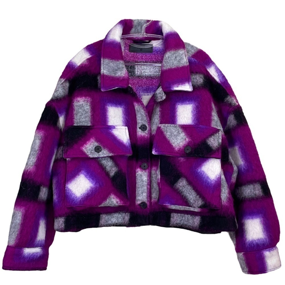 Blank NYC Plaid Wool Blend Cropped Buttoned Jacket Purple Gray Black Size Small